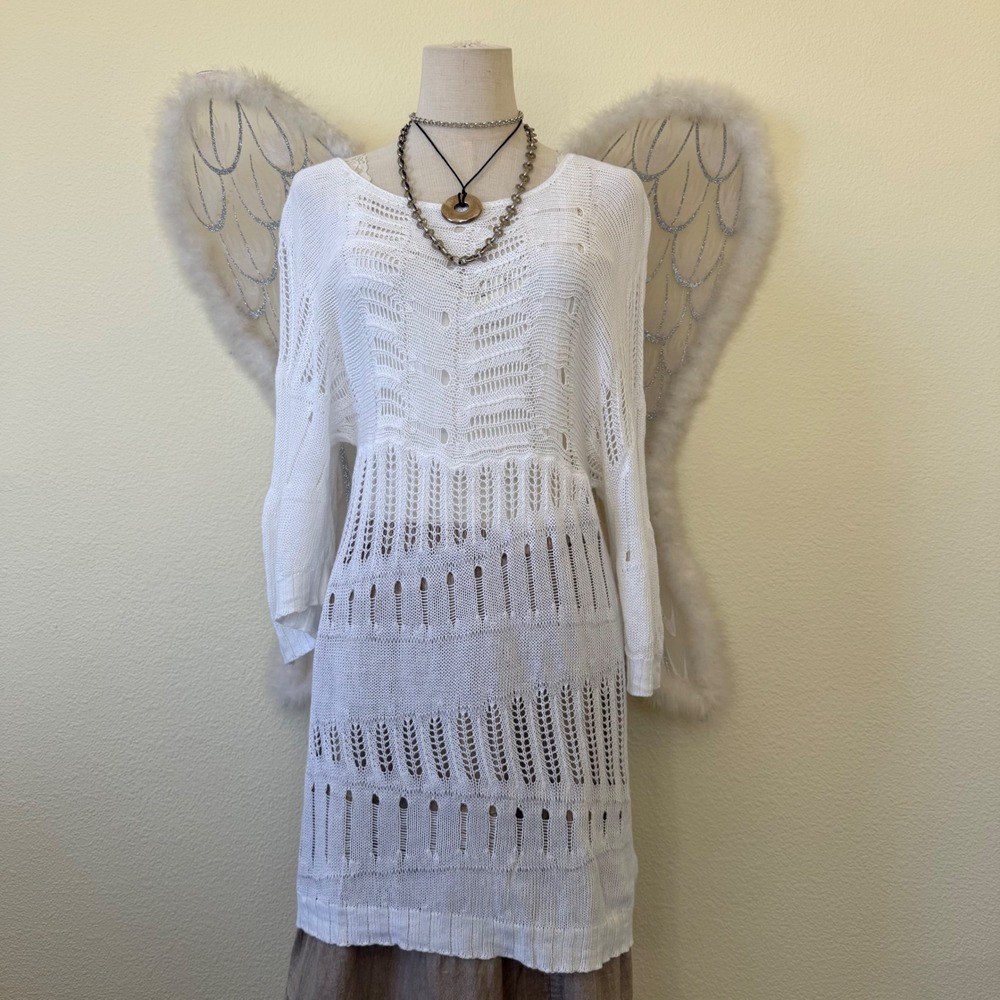 Boho White Linen Viscose Pointelle Knit Tunic‎ Crochet Dress Cover Up Sheer